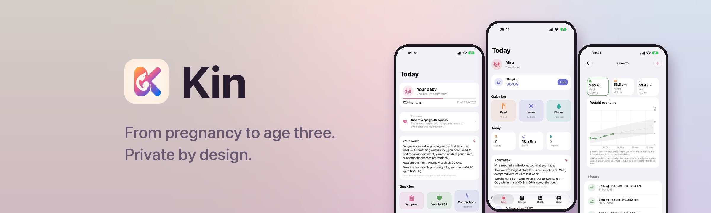 Kin on three iPhones: the pregnancy Today screen, the newborn Today screen and a growth chart