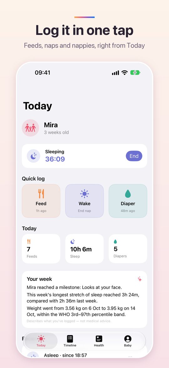 Today screen with one-tap Feed, Wake and Diaper buttons and today's totals