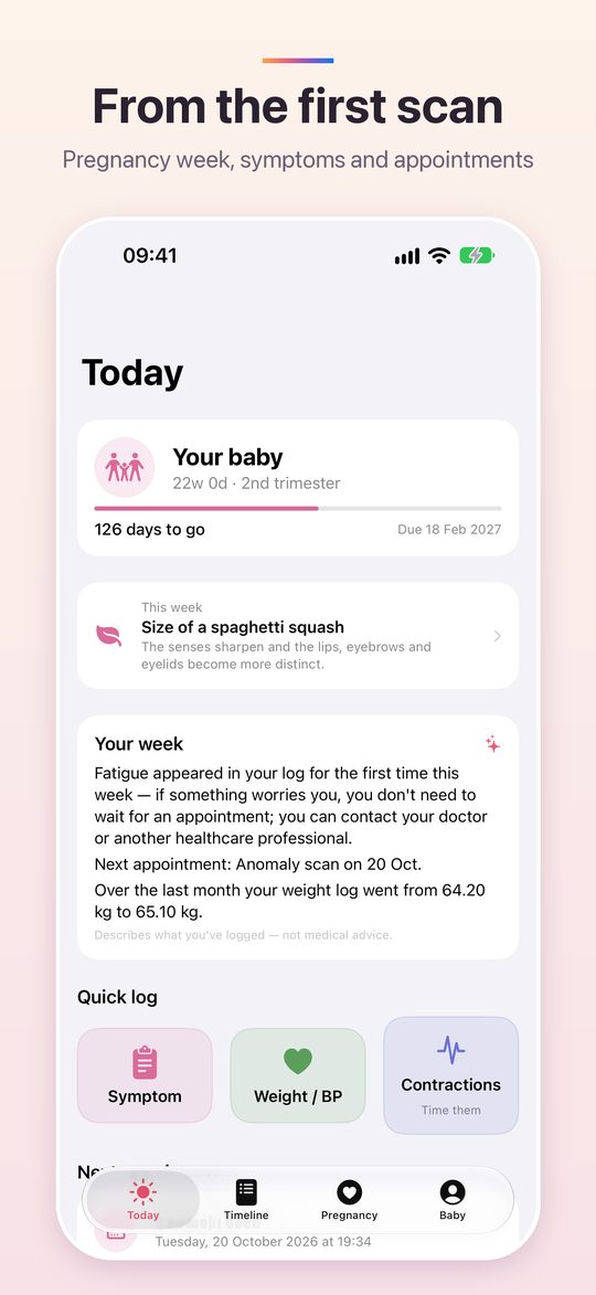 Pregnancy Today screen at 22 weeks with days to go and a weekly summary