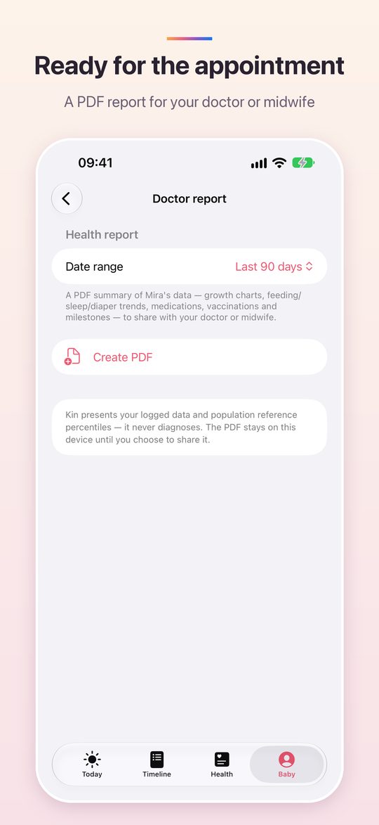 Doctor report screen for creating a PDF of the last 90 days