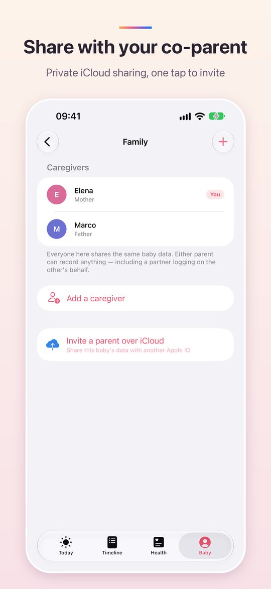 Family screen with two caregivers and an iCloud invite button