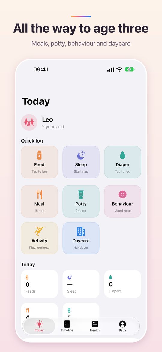 Toddler Today screen with Meal, Potty, Behaviour, Activity and Daycare buttons
